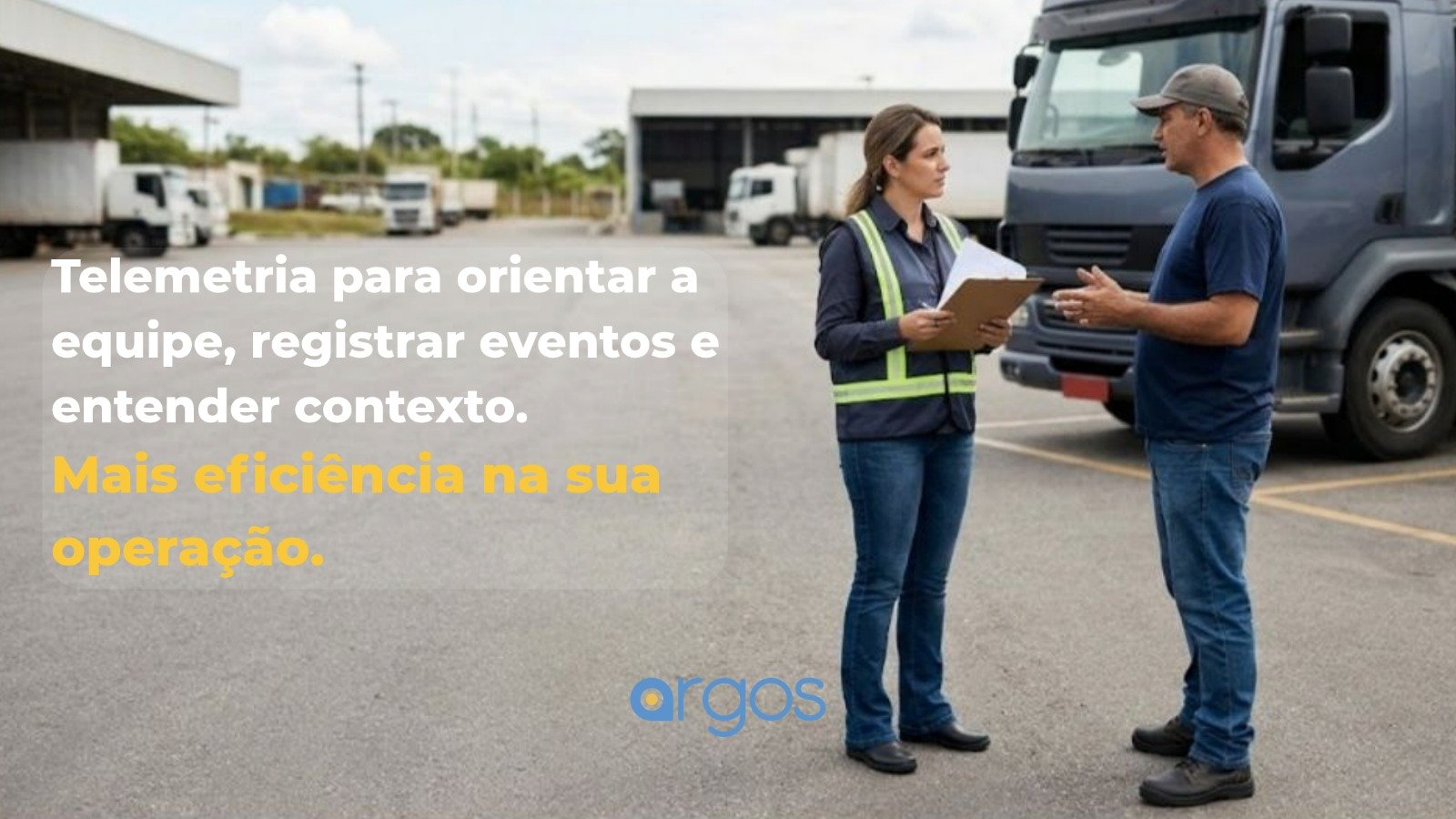 Gestora de frota conversa com motorista ao lado de caminhão estacionado em uma base operacional